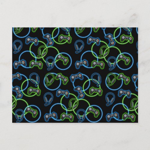 Video Game Neon Blue  Green Pattern  Holiday Postcard
