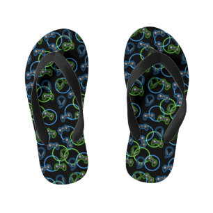 Video Game Neon Blue & Green Pattern Kid's Flip Flops