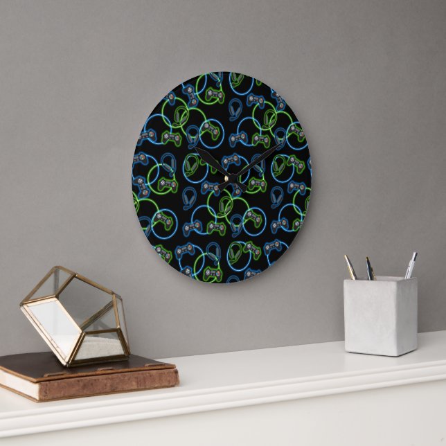 Video Game Neon Blue & Green Pattern  Large Clock (Office)