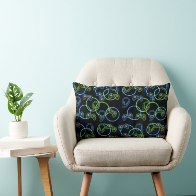 Video Game Neon Blue & Green Pattern  Lumbar Pillow (Chair)