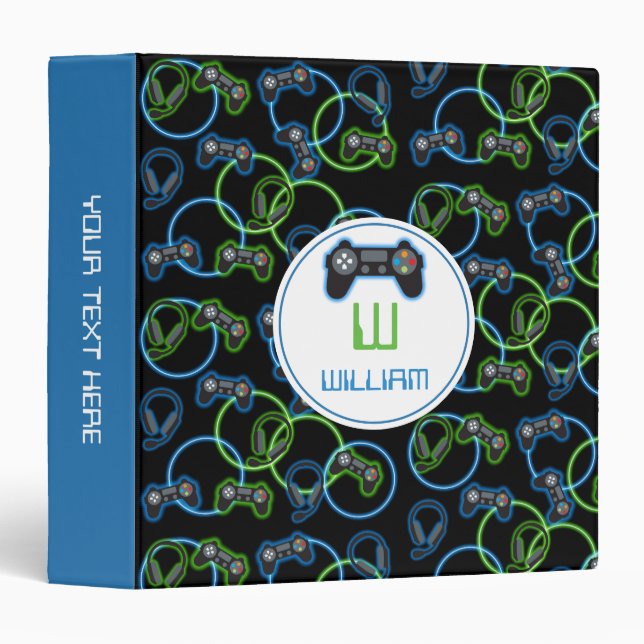 Video Game Neon Blue & Green Pattern Monogram 3 Ring Binder (Front/Spine)