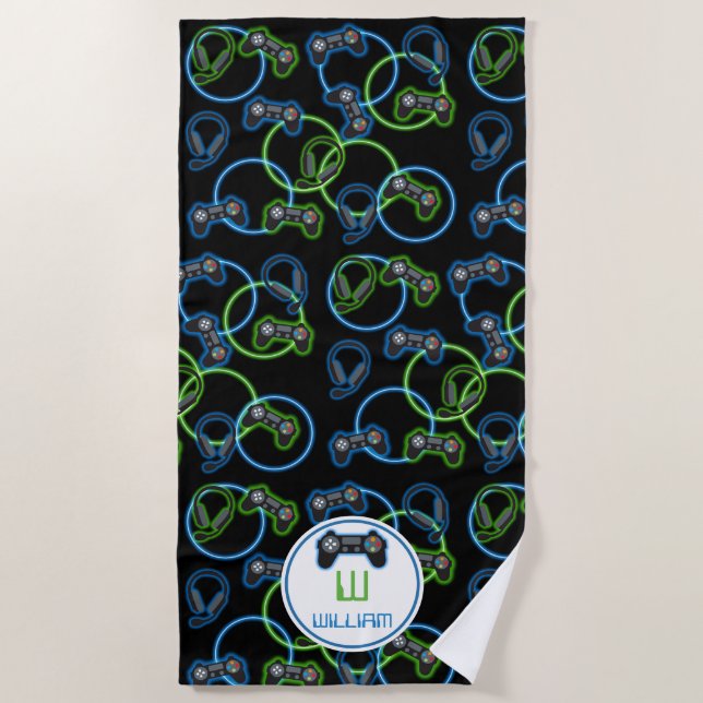 Video Game Neon Blue & Green Pattern Monogram Beach Towel (Front)