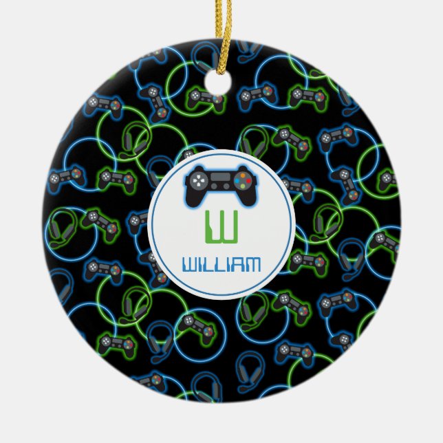 Video Game Neon Blue & Green Pattern Monogram Ceramic Ornament (Front)