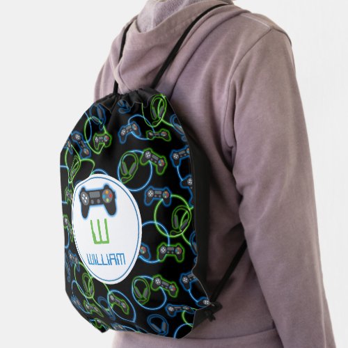 Video Game Neon Blue  Green Pattern Monogram Drawstring Bag