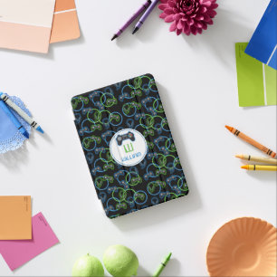 Video Game Neon Blue & Green Pattern Monogram iPad Mini Cover