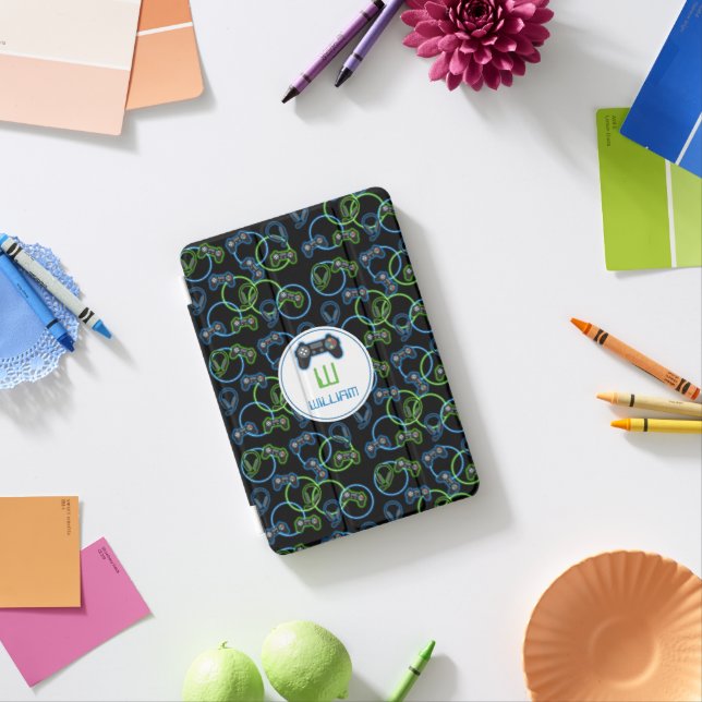 Video Game Neon Blue & Green Pattern Monogram iPad Mini Cover (In Situ)