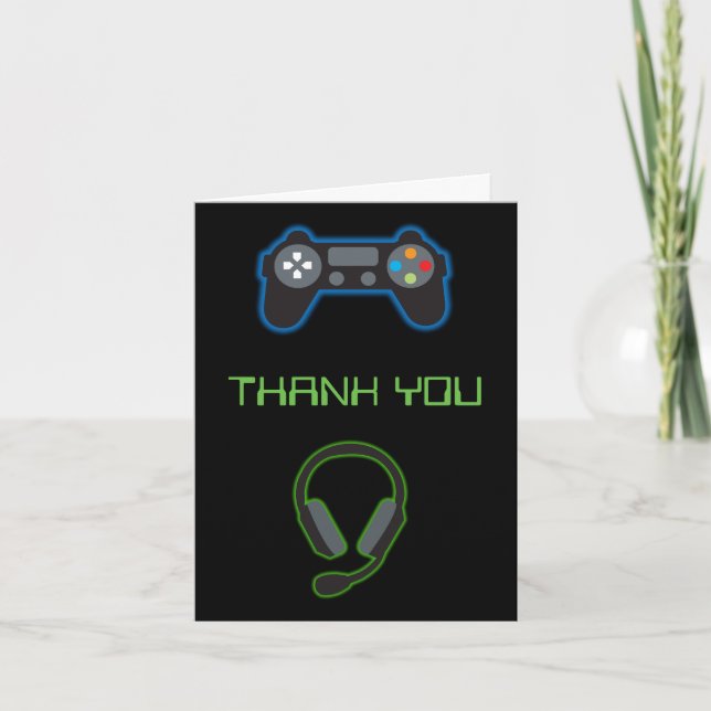 Video Game Neon Blue & Green Pattern Monogram Letterpress Thank You Card (Front)