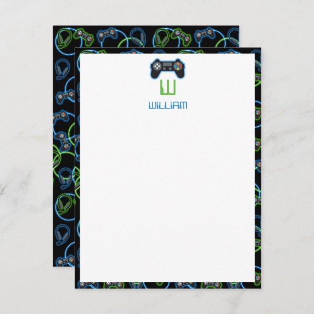 Video Game Neon Blue & Green Pattern Monogram Note Card (Front/Back)