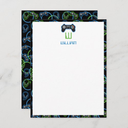 Video Game Neon Blue  Green Pattern Monogram Note Card