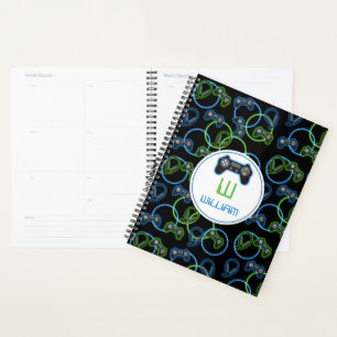 Video Game Neon Blue & Green Pattern Monogram Planner