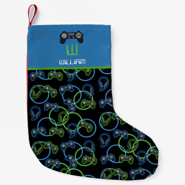 Video Game Neon Blue & Green Pattern Monogram Small Christmas Stocking (Front)