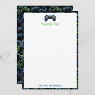 Video Game Neon Blue & Green Pattern Monogram Thank You Card