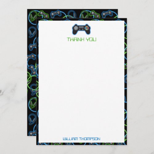 Video Game Neon Blue  Green Pattern Monogram Thank You Card