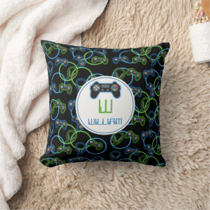 Video Game Neon Blue & Green Pattern Monogram Throw Pillow