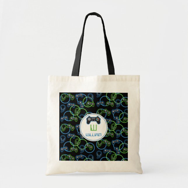 Video Game Neon Blue & Green Pattern Monogram Tote Bag (Front)