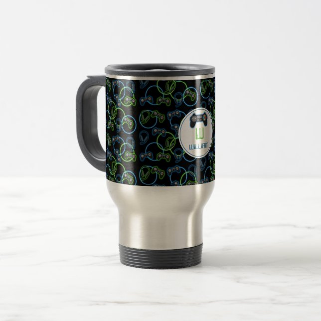 Video Game Neon Blue & Green Pattern Monogram Travel Mug (Front Left)