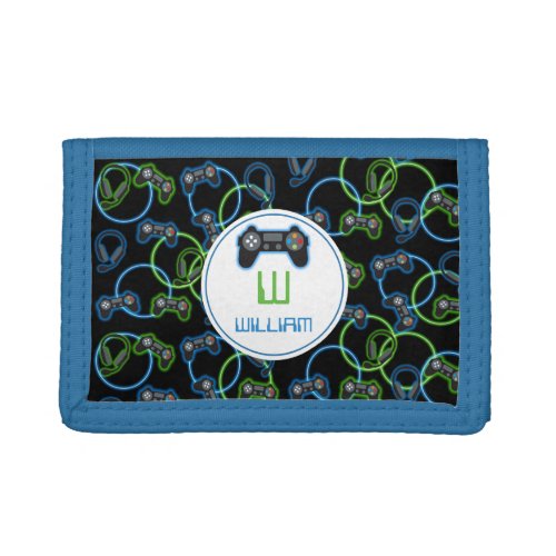 Video Game Neon Blue  Green Pattern Monogram Trifold Wallet