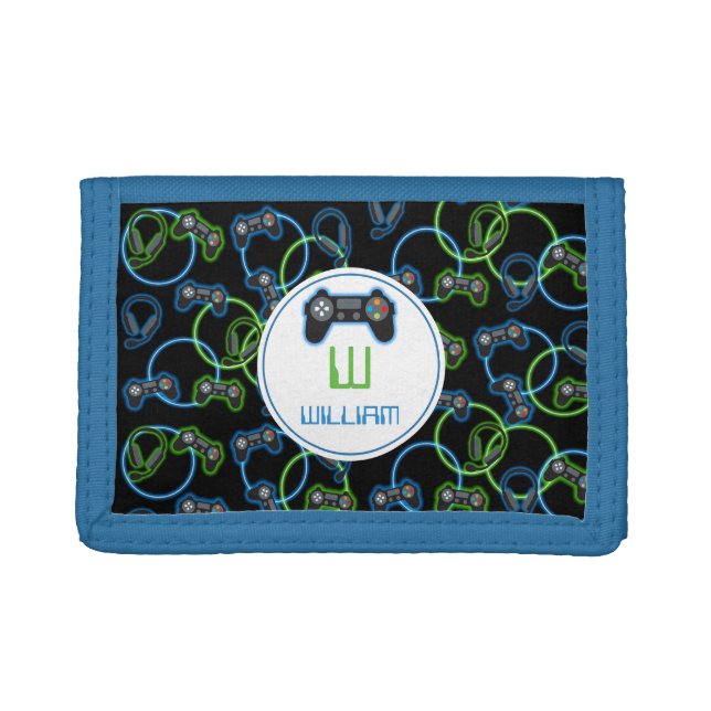 Video Game Neon Blue & Green Pattern Monogram Trifold Wallet (Front)