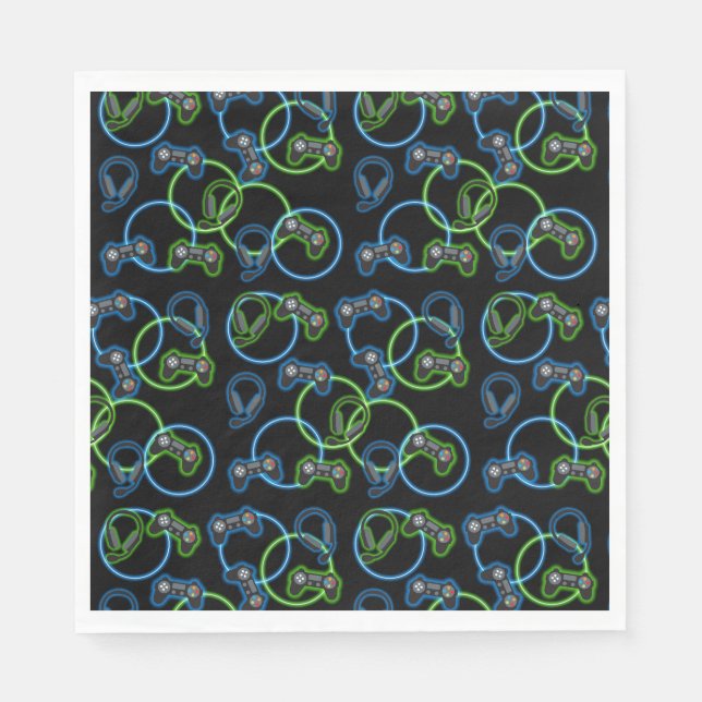 Video Game Neon Blue & Green Pattern  Napkins (Front)