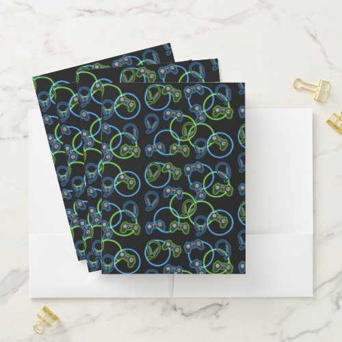 Video Game Neon Blue  Green Pattern  Pocket Folder