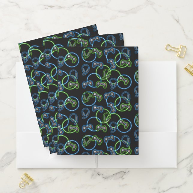 Video Game Neon Blue & Green Pattern  Pocket Folder (In Situ)