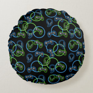 Video Game Neon Blue & Green Pattern Round Pillow