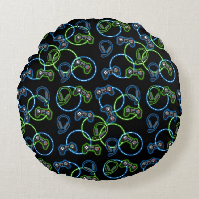 Video Game Neon Blue & Green Pattern  Round Pillow (Front)