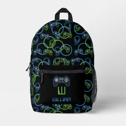 Video Game Neon Blue  Green Pattern School Printed Backpack