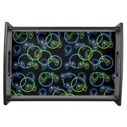 Video Game Neon Blue  Green Pattern  Serving Tray