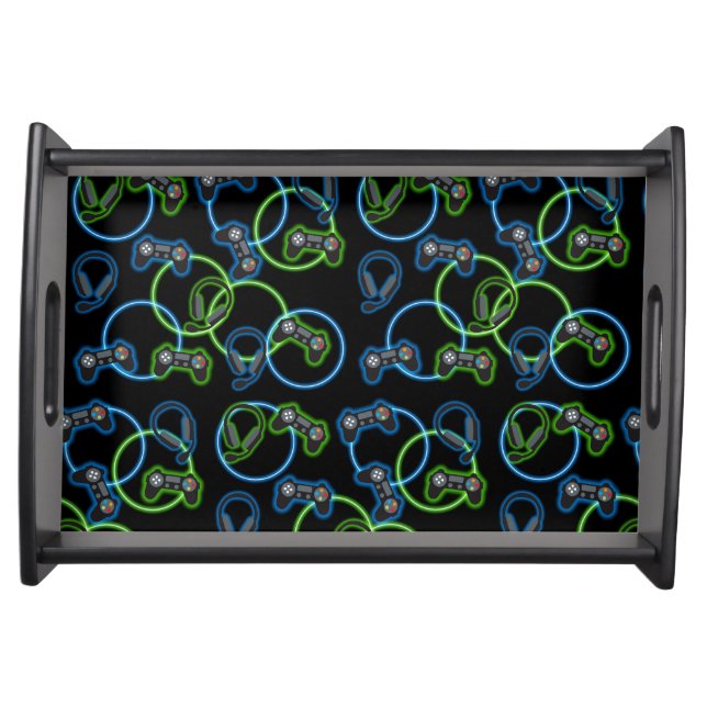Video Game Neon Blue & Green Pattern  Serving Tray (Front)