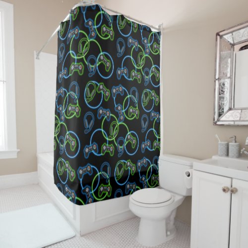 Video Game Neon Blue  Green Pattern  Shower Curtain