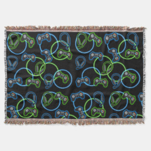 Video Game Neon Blue & Green Pattern Throw Blanket