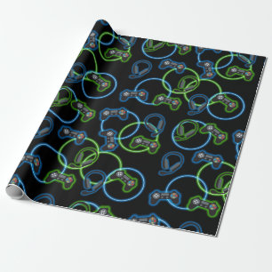 Video Game Neon Blue & Green Pattern Wrapping Paper