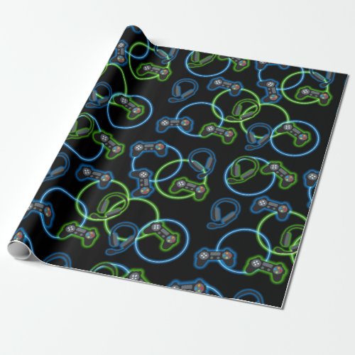 Video Game Neon Blue  Green Pattern  Wrapping Paper