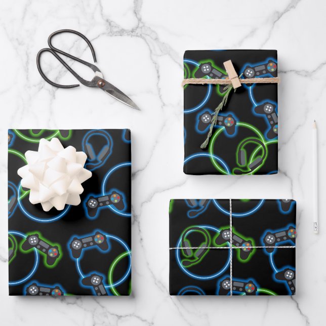 Video Game Neon Blue & Green Pattern  Wrapping Paper Sheets (Front)