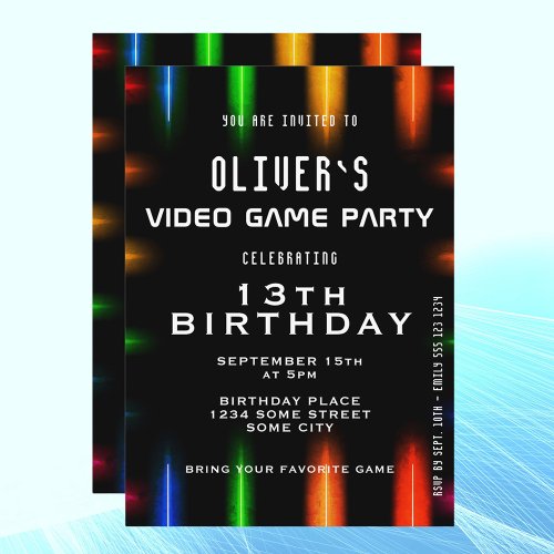 Video Game Neon Color Gaming Birthday  Invitation
