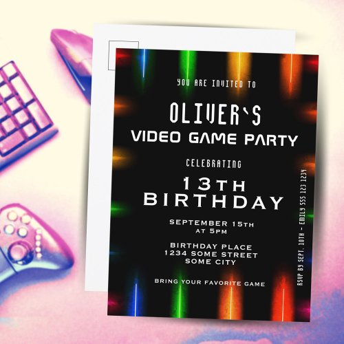 Video Game Neon Color Gaming Birthday  Invitation Postcard