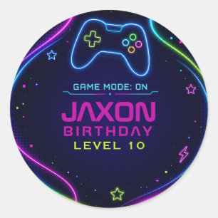 Video Game Neon Gamer Level Up Birthday Classic Round Sticker