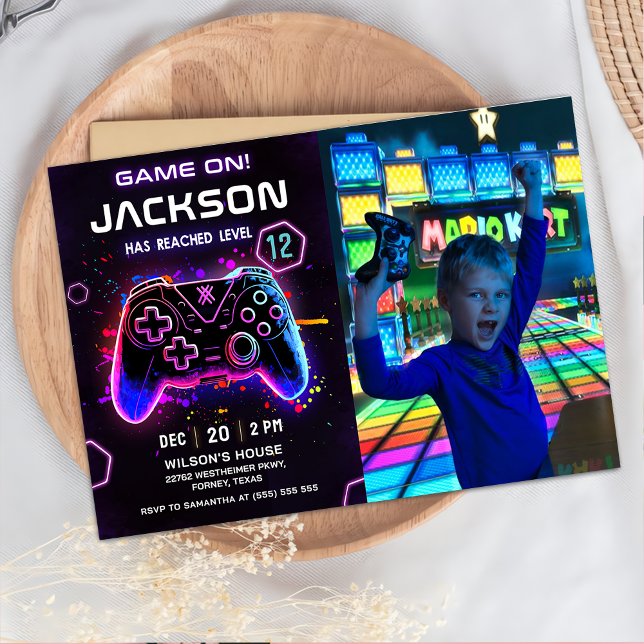Video Game Neon Kids Birthday Photo Invitation (Creator Uploaded)