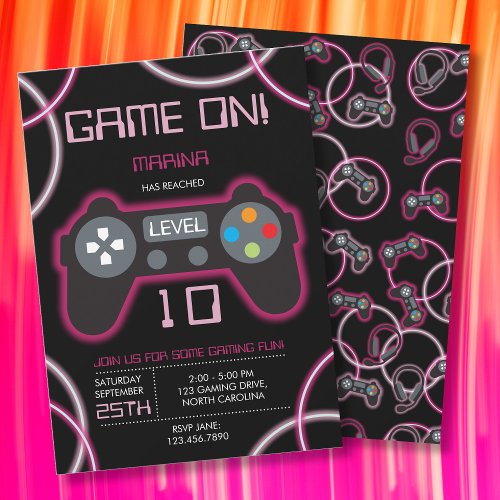 Video Game Neon Pink Girl Birthday Party Invitation