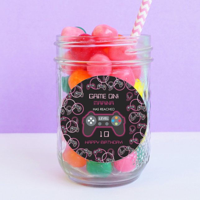 Video Game Neon Pink Girls Birthday Party Classic Round Sticker (Video Game Neon Pink Girls Birthday Party Classic Round Sticker)