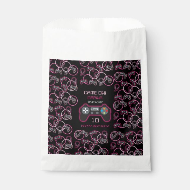 Video Game Neon Pink Girls Birthday Party Favor Bag (Front)