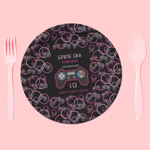 Video Game Neon Pink Girls Birthday Party Paper Plates