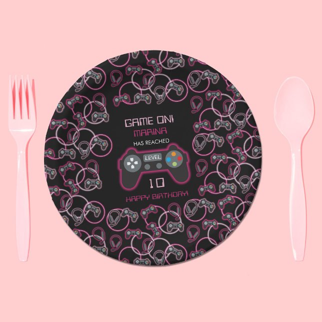 Video Game Neon Pink Girls Birthday Party Paper Plates (Video Game Neon Pink Girls Birthday Party Paper Plates)