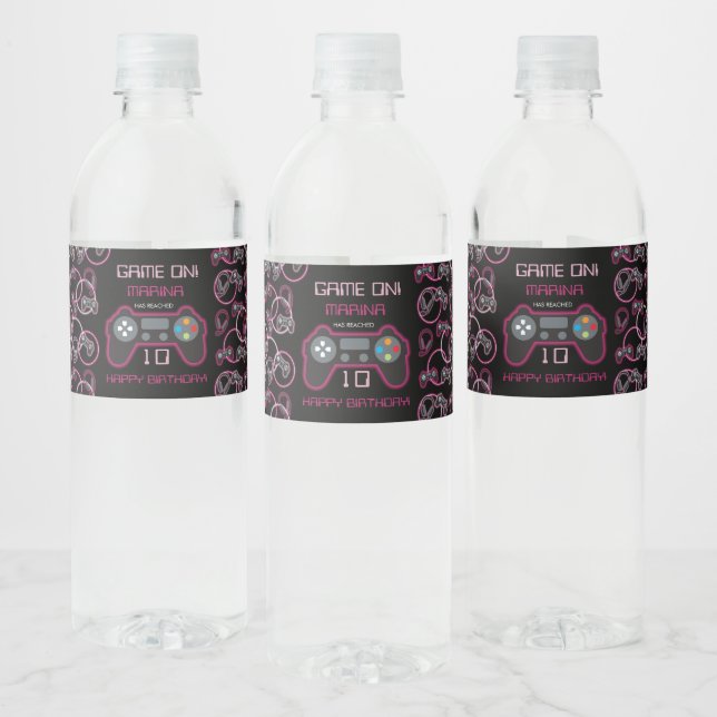 Video Game Neon Pink Girls Birthday Party Water Bottle Label (Bottles)