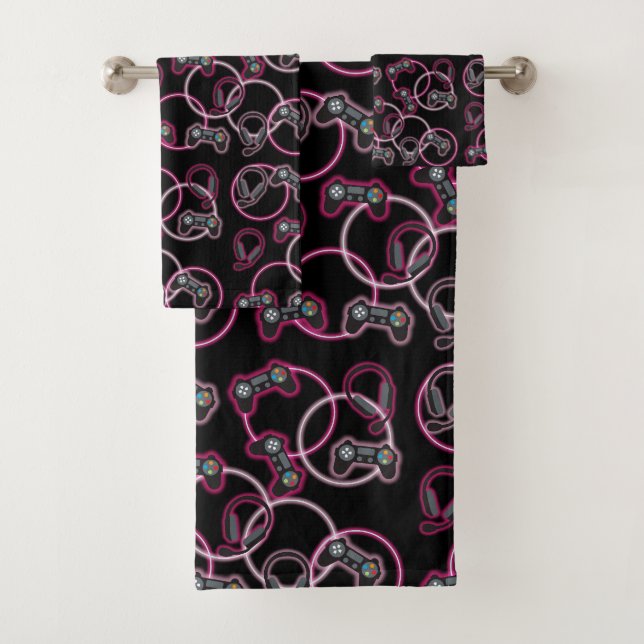 Video Game Neon Pink Girls Pattern  Bath Towel Set (Insitu)