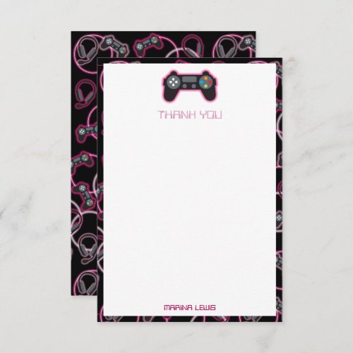 Video Game Neon Pink Girls Pattern Kids Thank You Card