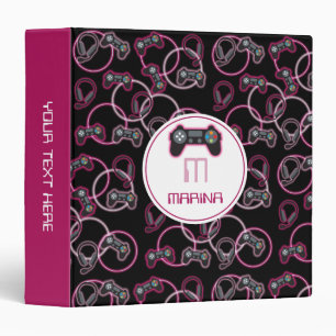 Video Game Neon Pink Girls Pattern Monogram 3 Ring Binder