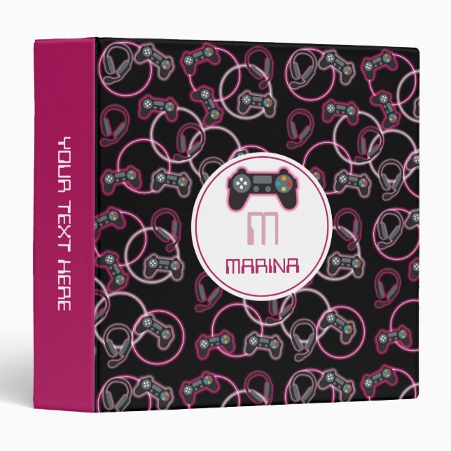 Video Game Neon Pink Girls Pattern Monogram 3 Ring Binder (Front/Spine)