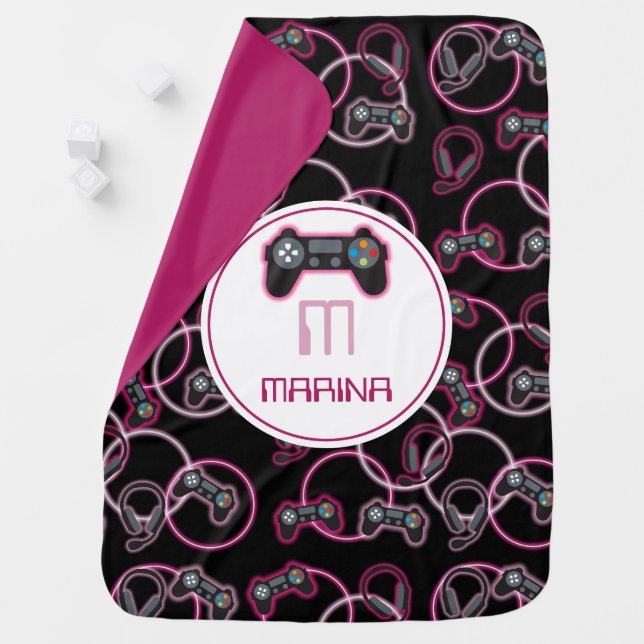 Video Game Neon Pink Girls Pattern Monogram Baby Blanket (In Situ)